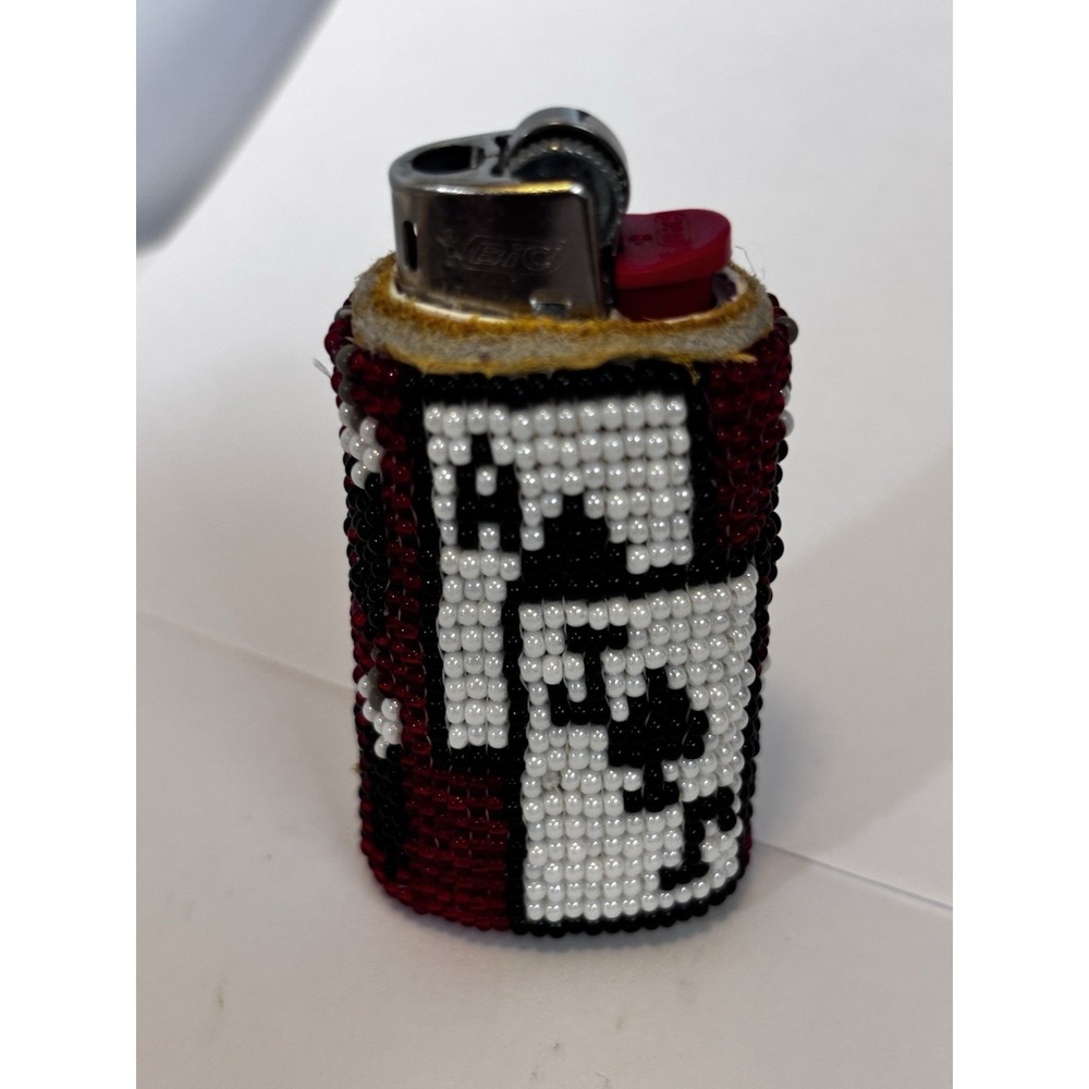 Handcrafted Native American Beaded Lighter Case‎ Leather Bottom 2.5 In Tall